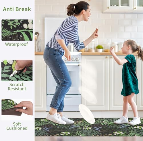 Petmolico 2Pcs Anti-Fatigue Kitchen Mats - Black & Green Plant Leaf Design, Non-Slip Cushioned Support