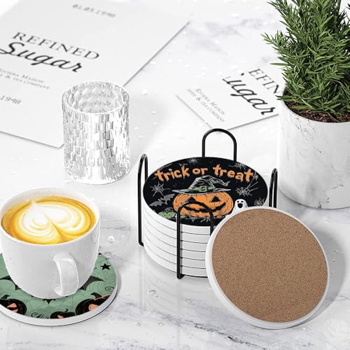 Halloween Round Ceramic Coasters Set of 6 with Holder - Vintage Pumpkin Design
