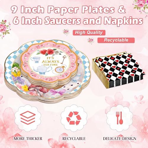 FillTouch Wonderland Paper Tea Cups and Saucers Set - 50 Pieces for Tea Party