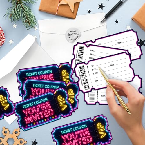 Purple Neon VIP Birthday Party Invitations Set - 15 Double-Sided Cards & Envelopes