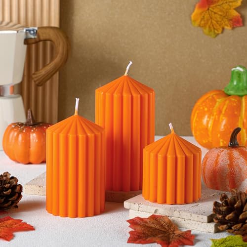 Orange Fall Scented Ribbed Soy Candle Set - 3 Varying Sizes, Aromatic & Long Burn