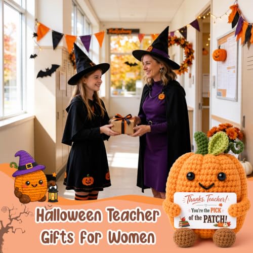 Halloween Teacher Gifts Crochet Pumpkin with Appreciation Card - Fall Office Decor