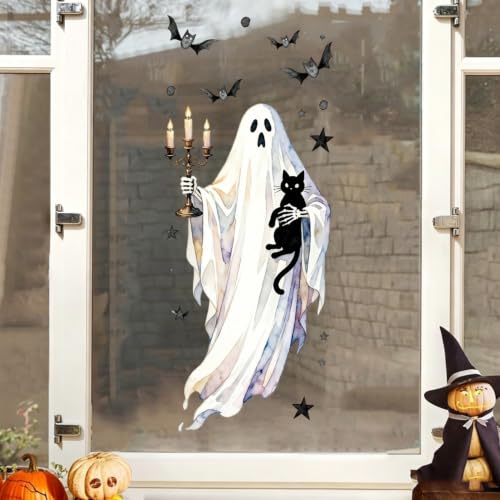 Halloween Window Clings - Large Cat Ghost Spooky Stickers, 1 Sheet - Halloween Style 17