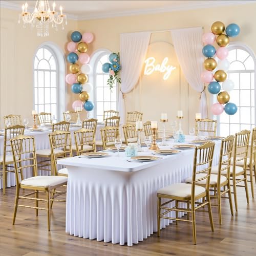 White Spandex Tablecloth 4ft with Ruffle, 2 Pack - Fitted Stretch Table Covers for 6ft Rectangular Tables, Wrinkle-Free Party & Wedding Decor