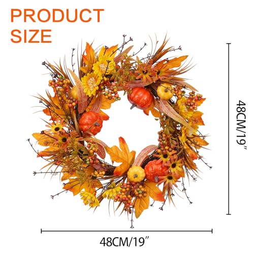 Autumn Fall Wreath for Front Door Decor - Orange Harvest Thanksgiving 19 Inches - PurpleSwan