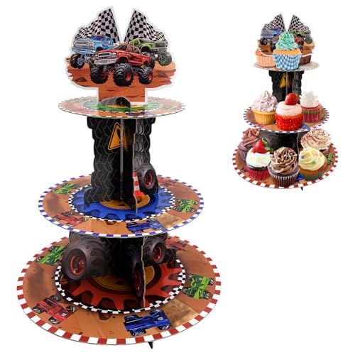 Race Car Theme Cupcake Stand - 3 Tier Dessert Tower for Race Party Decor