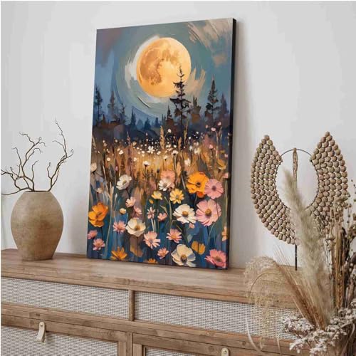 Wildflowers Wall Art Decor - Gothic Enchanted Full Moon Oil Painting Canvas - Framed 12x18in