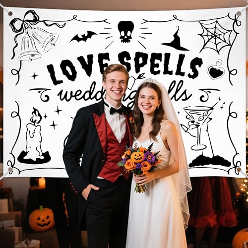Wedding & Halloween Backdrop - Love Spells & Wedding Bells Decoration - 7x5ft Polyester