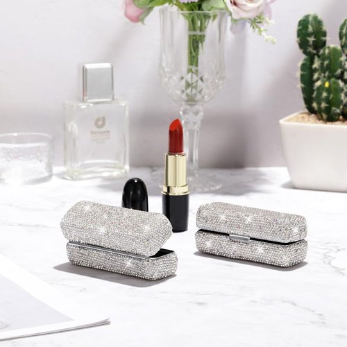 Bestbling Lipstick Bling Rhinestone Crystal Case Storage Organizer Box with Mirror for Women's Lipstick Holder-Cosmetic Storage Kit (Full silver)