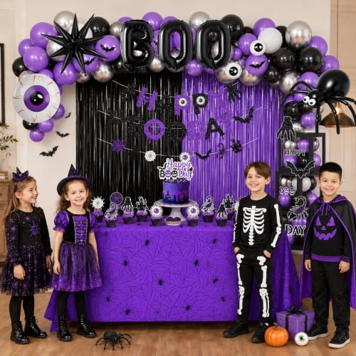 Black and Purple Halloween Birthday Decorations Set with Banner, Balloons, Web, and Balloon Arch