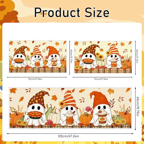 Fall Ghost Pumpkin Kitchen Mat Set of 2 Non Slip Washable Rug, Autumn Halloween Decor