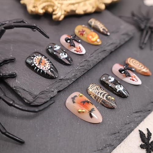 30Pcs Halloween Press On Nails Almond Shape - Spooky Ghost Bat Pumpkin Pattern - Variation 05