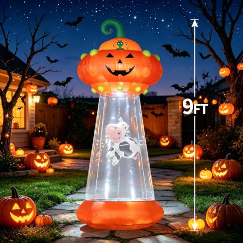 Halloween Inflatable Pumpkin UFO - 8 FT Outdoor Yard Decoration with Alien Cow and LED Lights - Variation: Pumpkin UFO