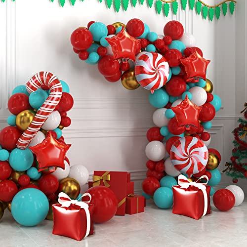 Christmas Balloon Arch Kit - Red, Teal, White Party Decorations with Candy Cane