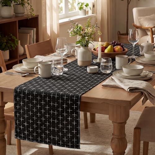 Black Cross-Star Textured Table Runner - 13x72 Inch Water-Resistant Kitchen Decor