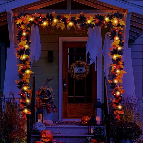Orange Black Maple Leaf Garland 5.7Ft - 2 Pack Halloween Fall Autumn Decor