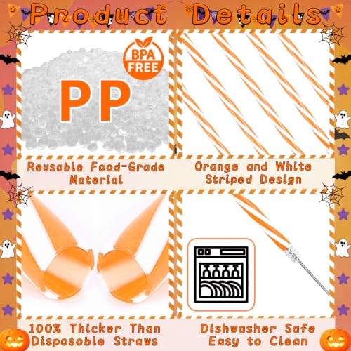 Reusable Orange White Striped Drinking Straws Set - Halloween & Fall Party Supplies