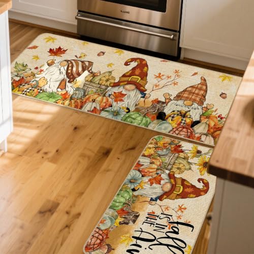 Fall Gnome Kitchen Rugs Set of 2 - 17x29 & 17x47 Inch Autumn Decor
