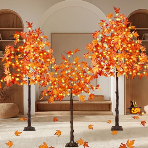 Lighted Maple Tree Set - 3 Pack 4FT, 5FT, 6FT Artificial Fall Trees with 300 LEDs