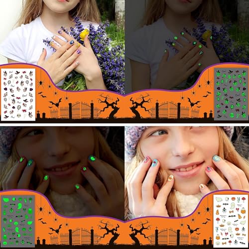 Glow Nail Stickers for Kids Halloween Decals 280+ Designs Self-Adhesive Fun Nails