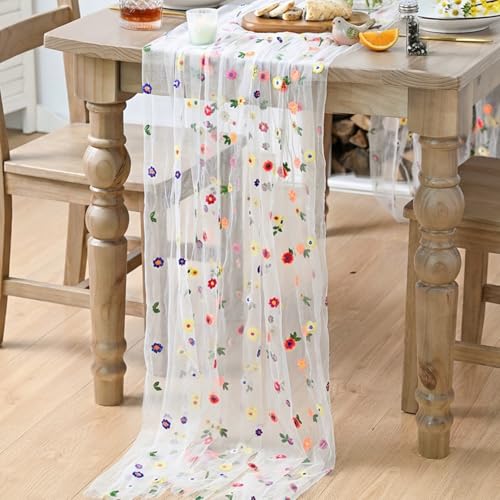 Embroidery Daisy Gauze Table Runner 28 x 120 Inch - 6 Pack Ivory
