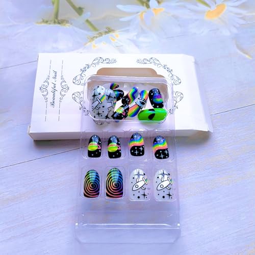 24 Pcs Short Oval Press On Nails with Rainbow Alien Design - Night Sky Variation