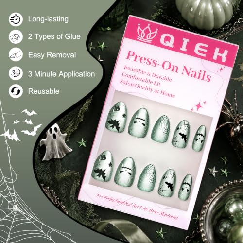 Halloween Press-On Nails Short Almond with Cat Eye Spider Ghost - 32Pcs, Variation 1