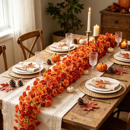 Fall Flower Garland - Artificial Autumn Vine with Orange Red Blooms 6 Pack