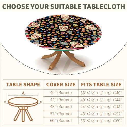 Halloween Skull Round Fitted Tablecloth with Elastic Edge - 44 Inch Orange Blue