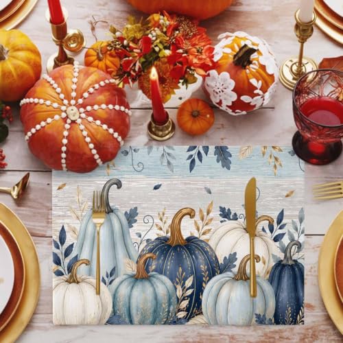 Fall Thanksgiving Placemats Set of 6 - Teal Blue White Pumpkin Autumn Decor - 18x12 Inches