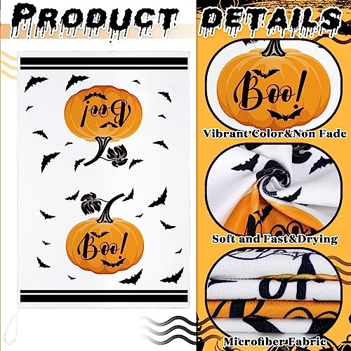 Halloween Kitchen Towels Set - 4 Pieces with Pumpkin Cat Bat Prints, Black and White