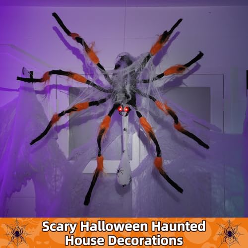 Halloween Animatronic Giant Hanging Spider with Egg Sac - 44 Inch, Orange & Black, Lights & Sounds