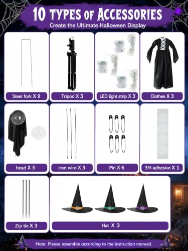 Set of 3 Light Up Halloween Witch Decorations Outdoor - 59 Inch LED Yard Stakes