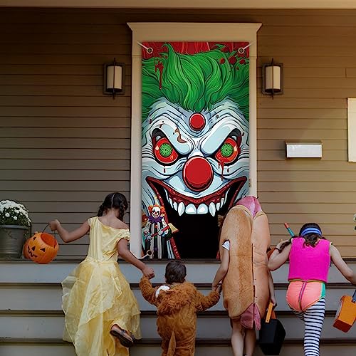Scary Clown Halloween Door Decoration - Horror Joker Entrance Banner, 70.9 x 35.4 Inches