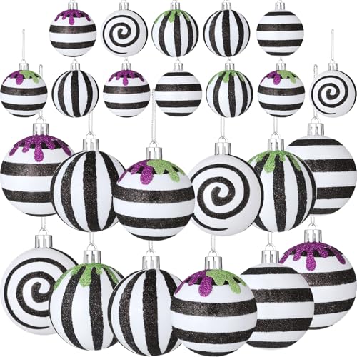 Halloween Christmas Black & White Ball Ornaments Set - Stripe Variation, 12 pcs
