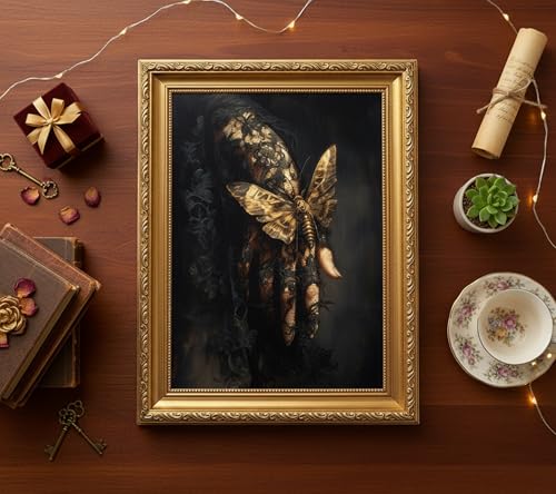 Dark Academia Gothic Wall Art - Moths Lace Hand with Gold Frame 16x12in - Victorian Moody Artwork for Bedroom & Dorm - Variation of Moths Lace Hand Framed
