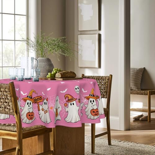 Pink Bat Ghost Pumpkin Halloween Round Tablecloth 90 x 90 Inch - Horaldaily