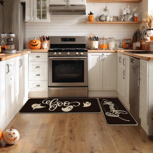Halloween Spider Web Ghost Kitchen Mats Set of 2 - 17x29 & 17x47 Inch Black