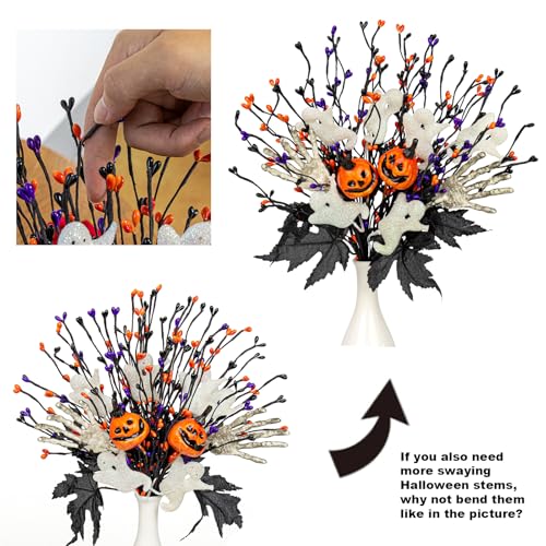 Halloween Floral Picks Set - 17 Inch Spooky Pumpkin Ghost Skeleton Stems