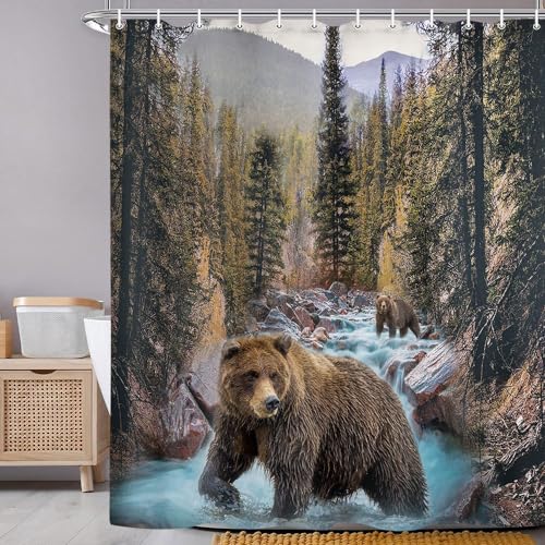Forest Bear Shower Curtain 69x78 Inches - Misty Mountains Wildlife Bathroom Decor