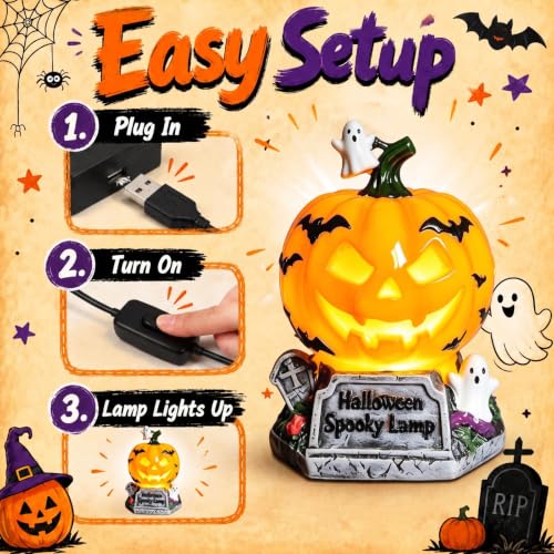 Halloween Pumpkin Lantern - Stained Glass Ghost & Bat Design - USB Powered - Pumpkin Tombstone Variation