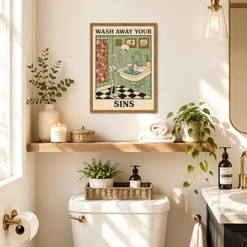 Halloween Gothic Skeleton Wall Art - Framed Moody Bathroom Decor 16x24 Inches