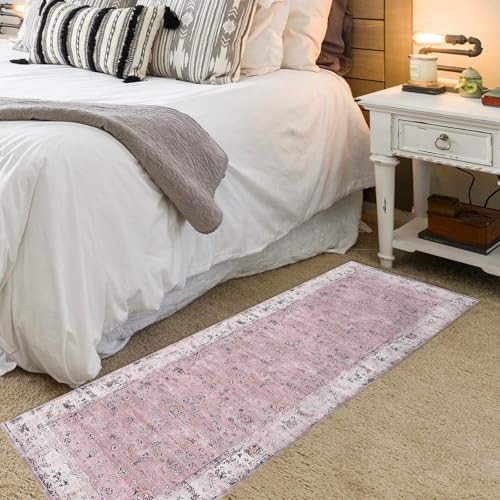 Pink Boho 2x6 ft Washable Hallway Runner Rug - Non Slip Vintage Entryway Carpet