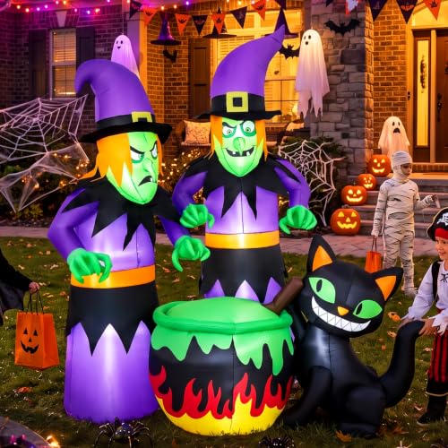 Halloween Inflatable Outdoor Decoration with 2 Witches and Black Cat - 6FT Lighted Yard Decor
