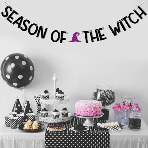 Halloween Witch Birthday Banner - Black Glitter Hanging Decorations