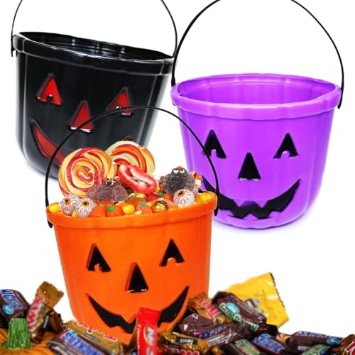 Halloween Trick or Treat Buckets 3 Pack - Jack O Lantern Candy Baskets for Kids
