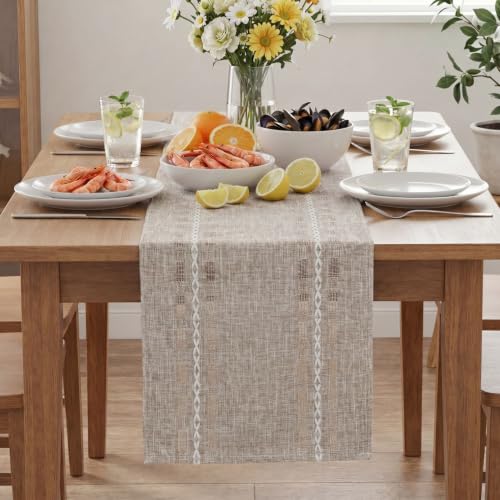 Brown Embroidered Farmhouse Table Runner - 13 x 108 Inch Rustic Kitchen Decor - Seasonal Home Dining Accessory