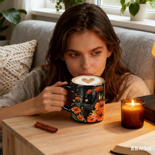 Mystical Black Cat Mug with Orange Daisy Flowers - 11oz Ceramic Coffee Cup - Variation 08