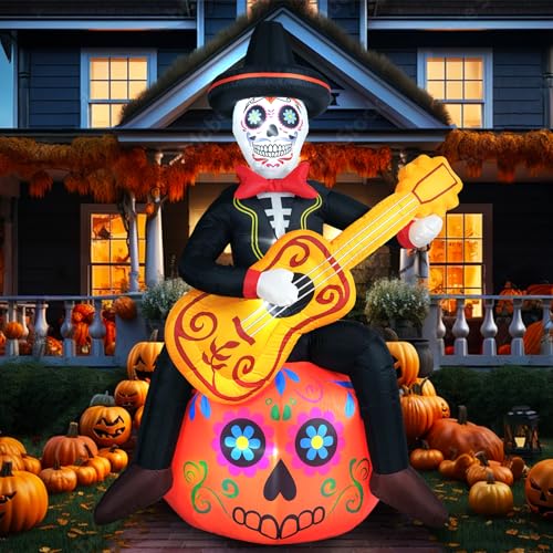 Halloween Inflatable Decoration 6 FT Spooky Sugar Skull Guitar Pumpkin with LED Lights - Day of The Dead Yard Decor