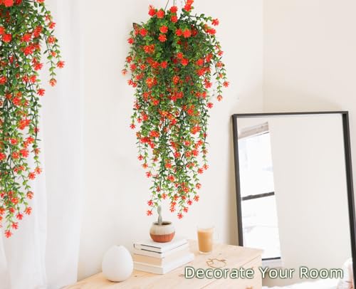 Artificial Hanging Plants Vines - Outdoor Greenery Decor - 30 Inch, Set of 3, Orange Red Variation
